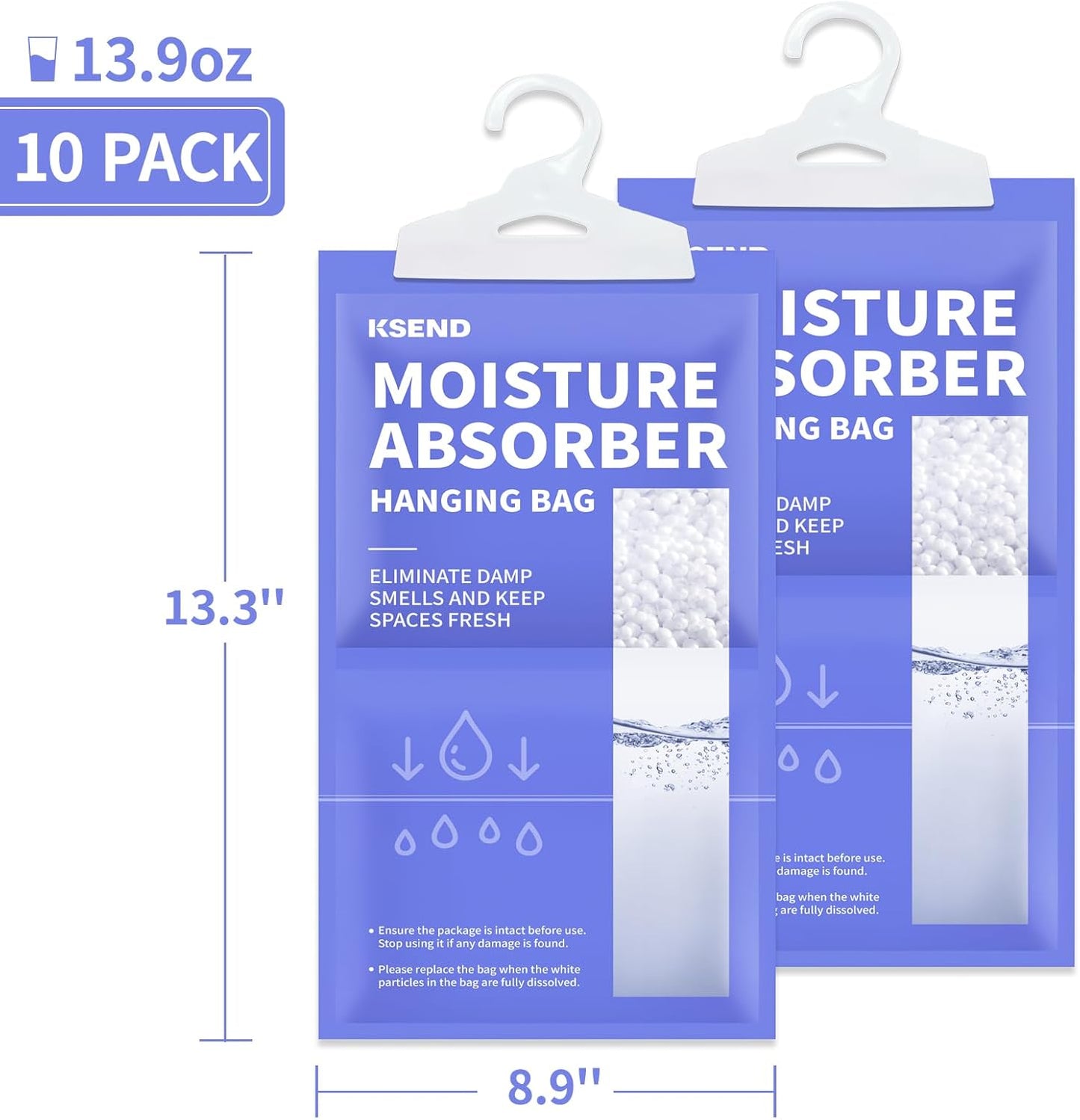 Ksend Moisture Absorbers 10 Pack, 13.9 Oz Compact Dehumidifier Bags & Packs, Moisture Hanging Bag, Humidity Absorbers, Closet Deodorizer Against Musty Odors, 13.3'' x 8.9''