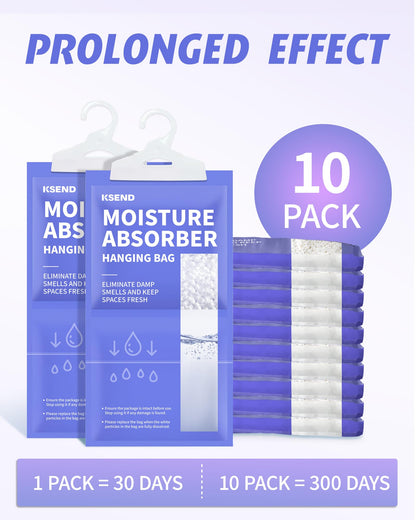 Ksend Moisture Absorbers 10 Pack, 9.8 Oz Compact Dehumidifier Bags & Packs, Moisture Hanging Bag, Humidity Absorbers, Closet Deodorizer Against Musty Odors, 11.8'' x 6.3''