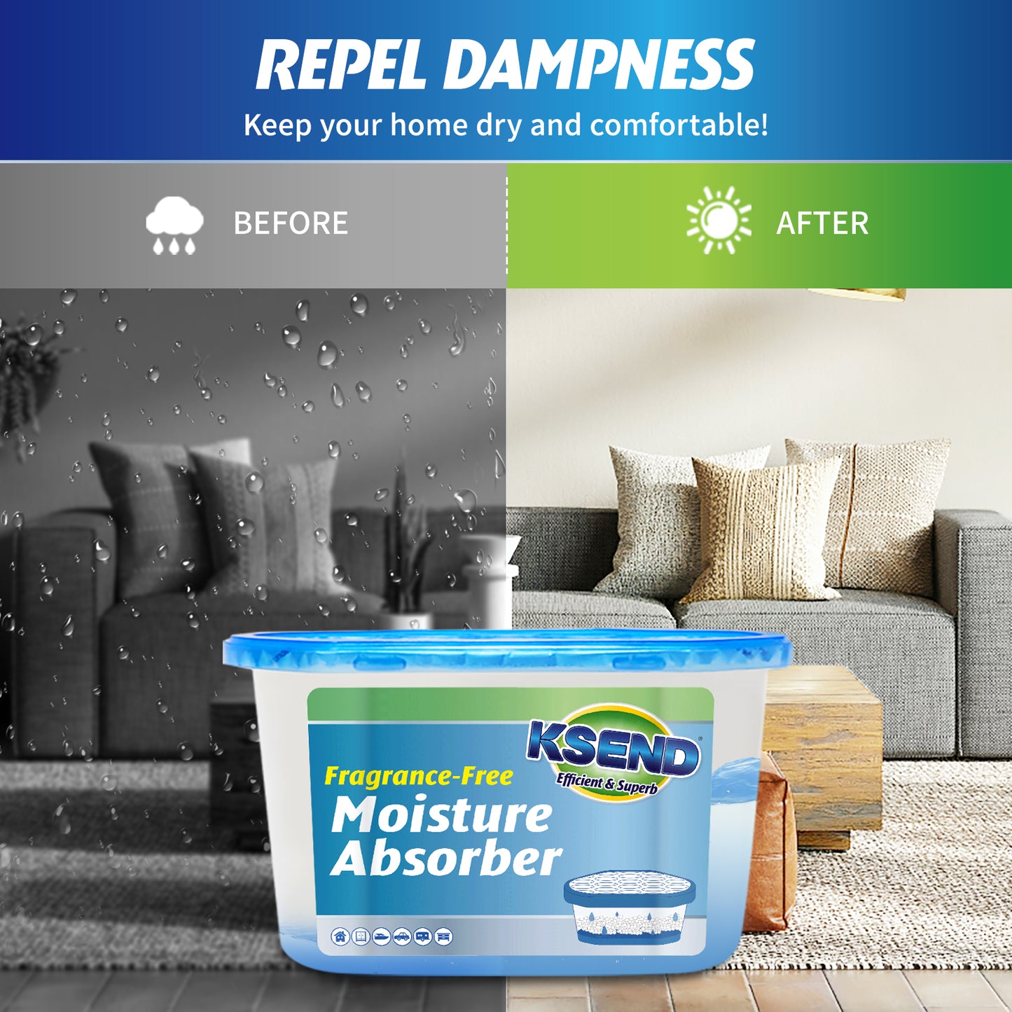 Ksend Moisture Absorbers, 12 Pack, Compact Dehumidifier for Closet, Efficient Humidity Absorber Boxes, Moisture Absorber for Closet, Odor Eliminator with Fragrance Free, Blue, 9.8oz, 500ml