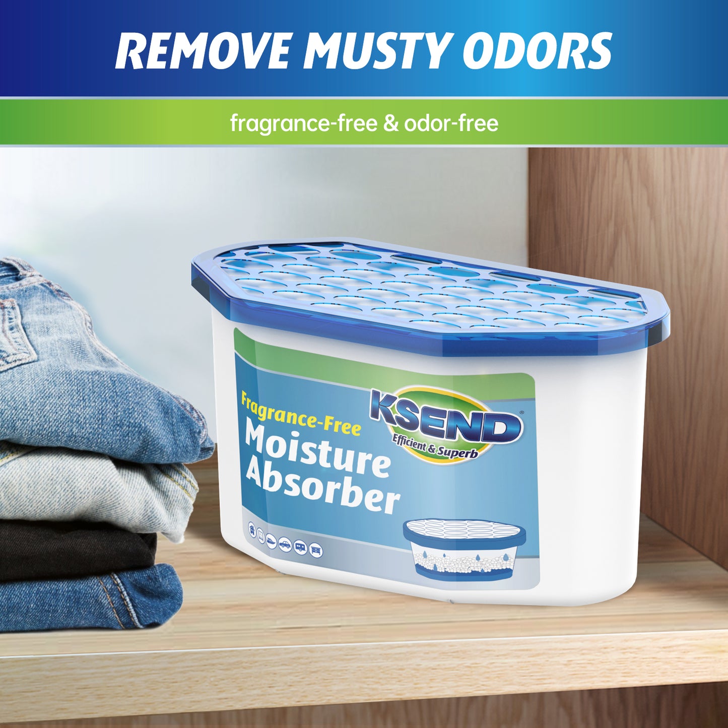 Ksend Moisture Absorbers, 12 Pack, Compact Dehumidifier for Closet, Efficient Humidity Absorber Boxes, Moisture Absorber for Closet, Odor Eliminator with Fragrance Free, Blue, 9.8oz, 500ml